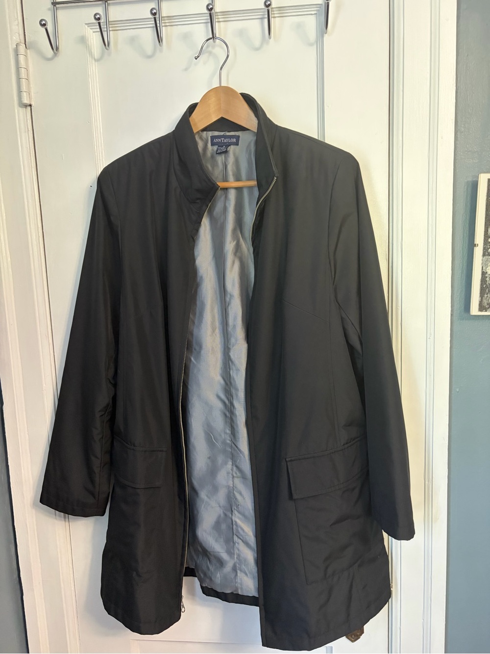 Ann Taylor Black Lightweight Raincoat with Stand Collar